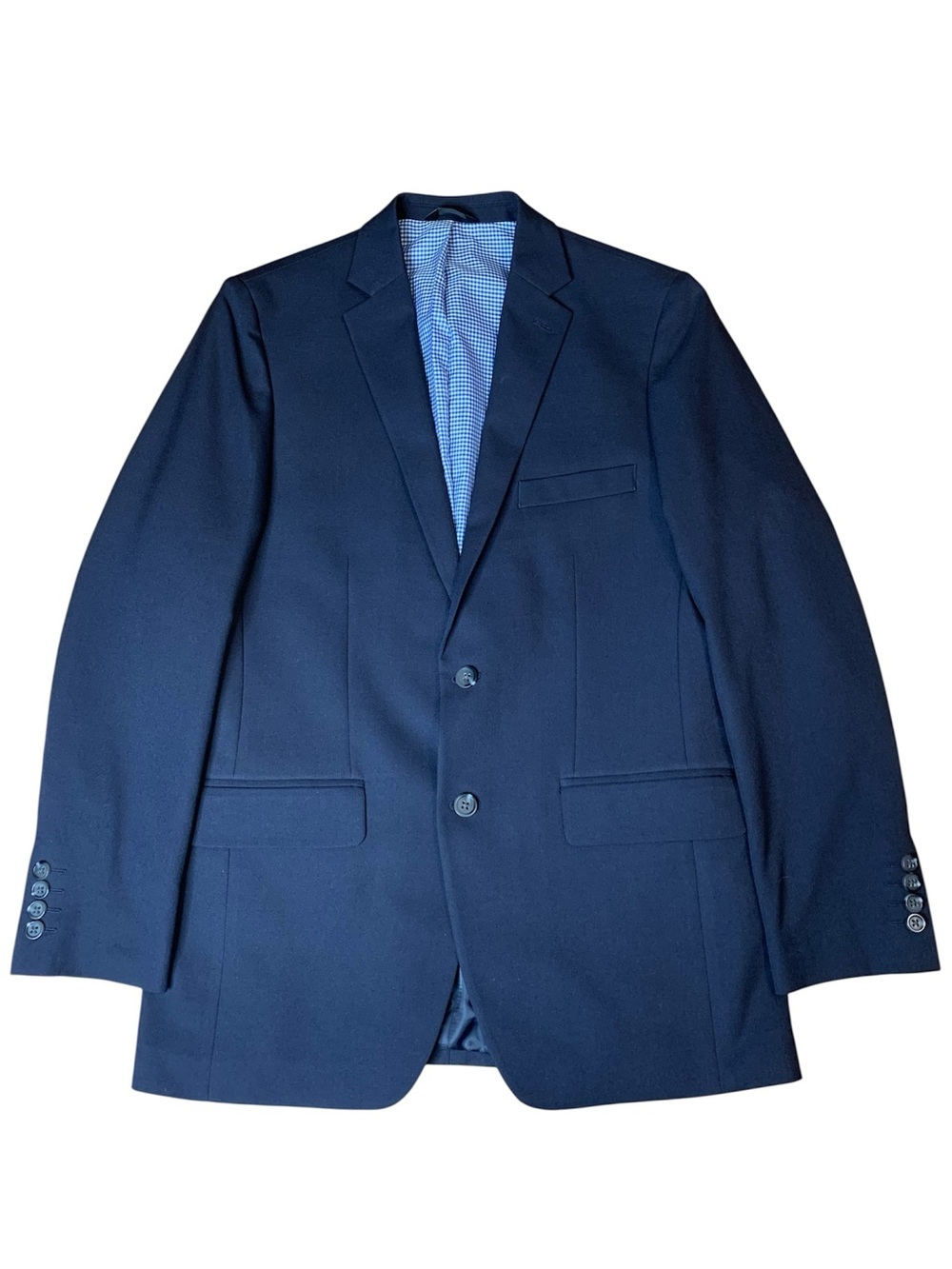 Haggar Navy Blue Two Button Suit Jacket Blazer Gingham Lining Men’s 38S / 40S 